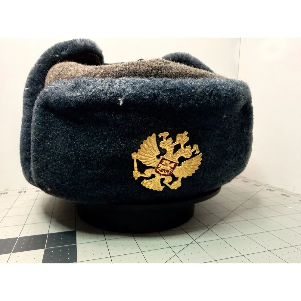 Soviet Russian Navy Uniform Black Ushanka Faux Fur Winter Hat Size 58 USSR #A